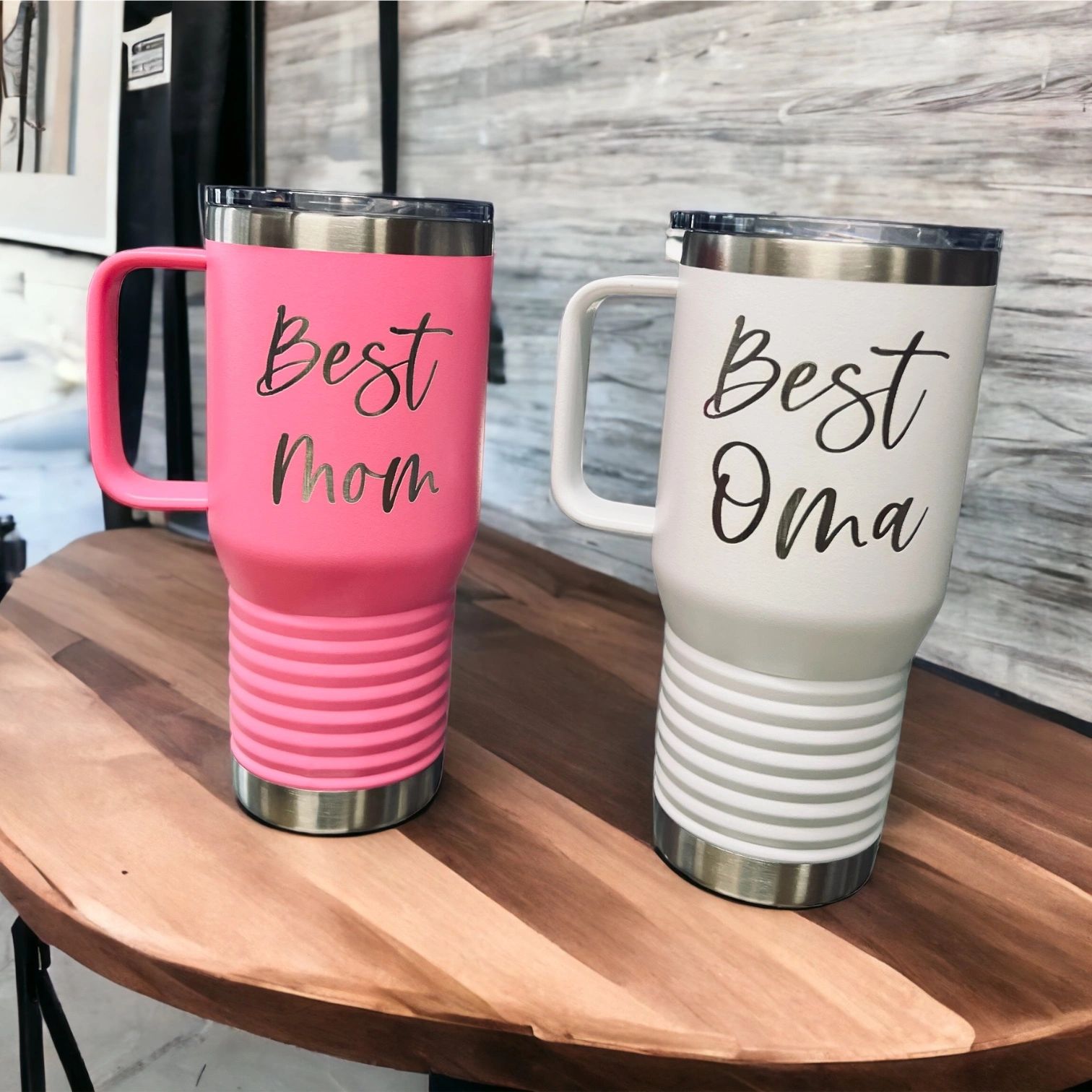 Personalized travel mugs — Best Mom and Best Oma